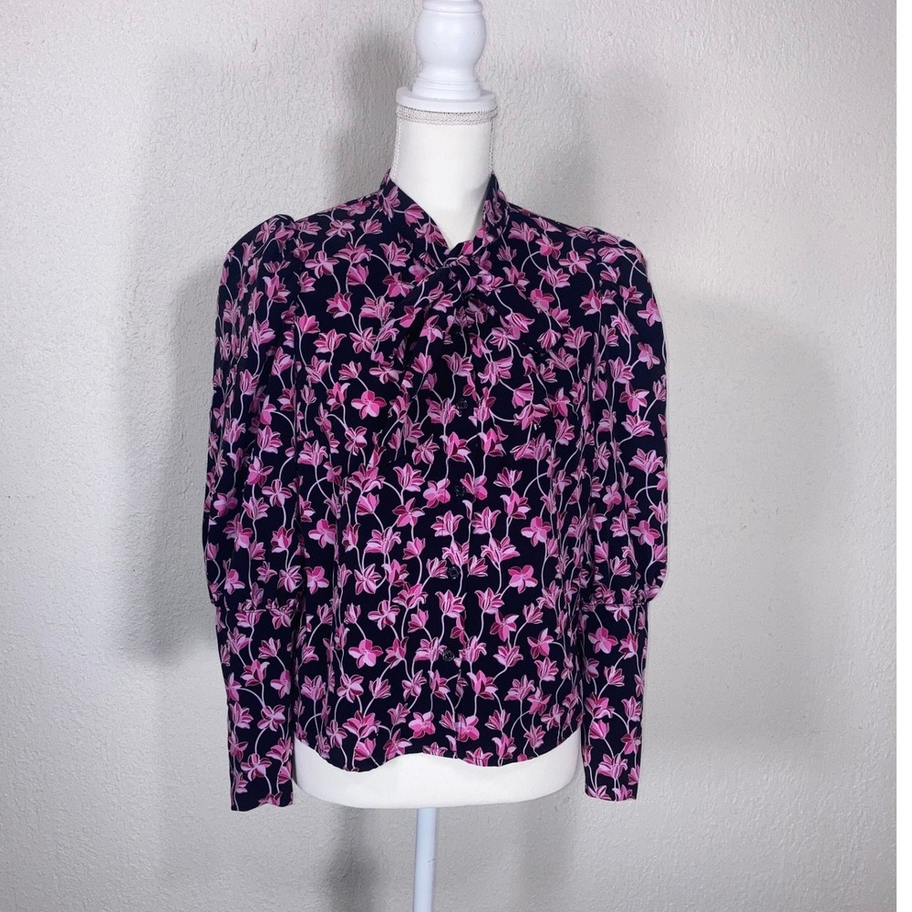 Who What Wear Womens XS Floral Tie Neck Puff Shoulder Blouse Long Sleeve
